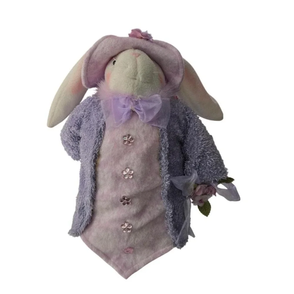 Easter Bunny Decorative Plush Purple Jacket Pink Hat Sequins 18 Inch Bean Bottom